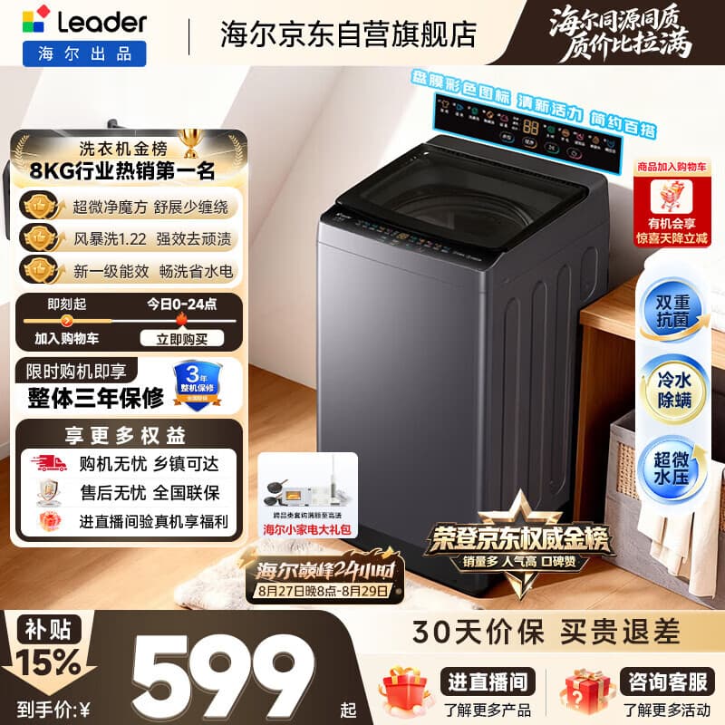 海尔（Haier）出品统帅全自动波轮洗衣机 出租房8.2公斤一级能效家用 京东自营以旧换新国家补贴XQBL82-M20D1