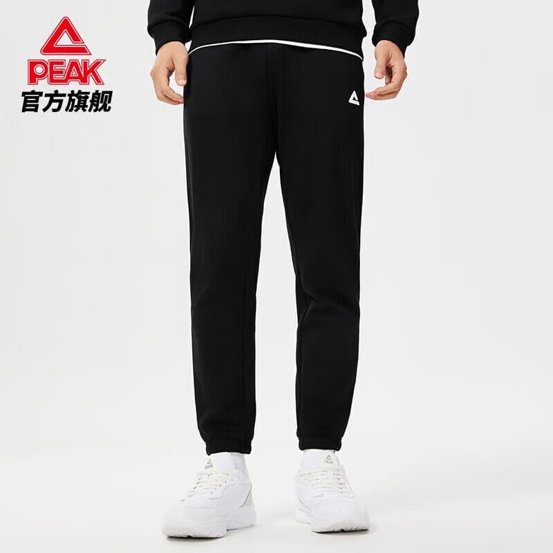 匹克针织运动裤男秋季新款宽松休闲运动抓毛束脚裤卫裤长裤 DF334007黑色-加绒男款 L 175