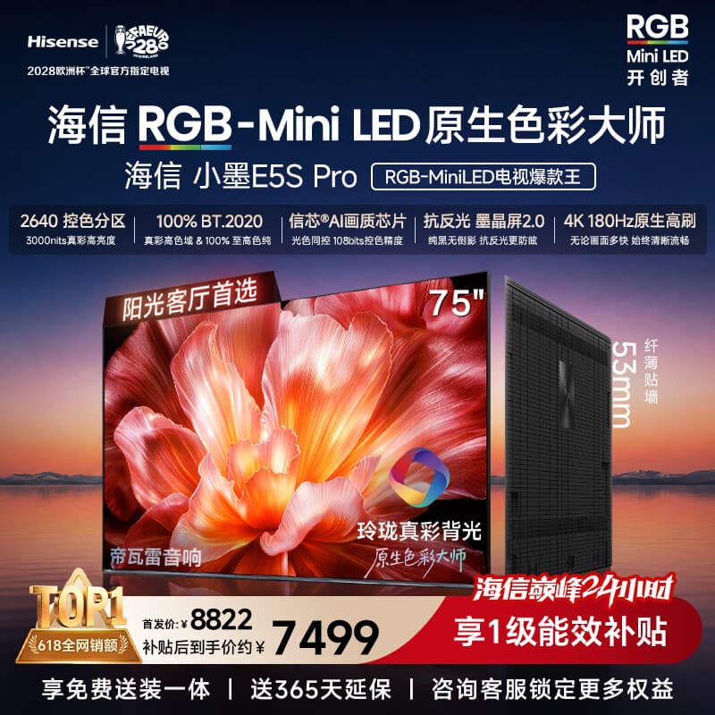 海信RGB-MiniLED电视小墨E5S Pro 75吋 2640分区玲珑真彩背光 信芯 抗反防眩墨晶屏2.0 超薄