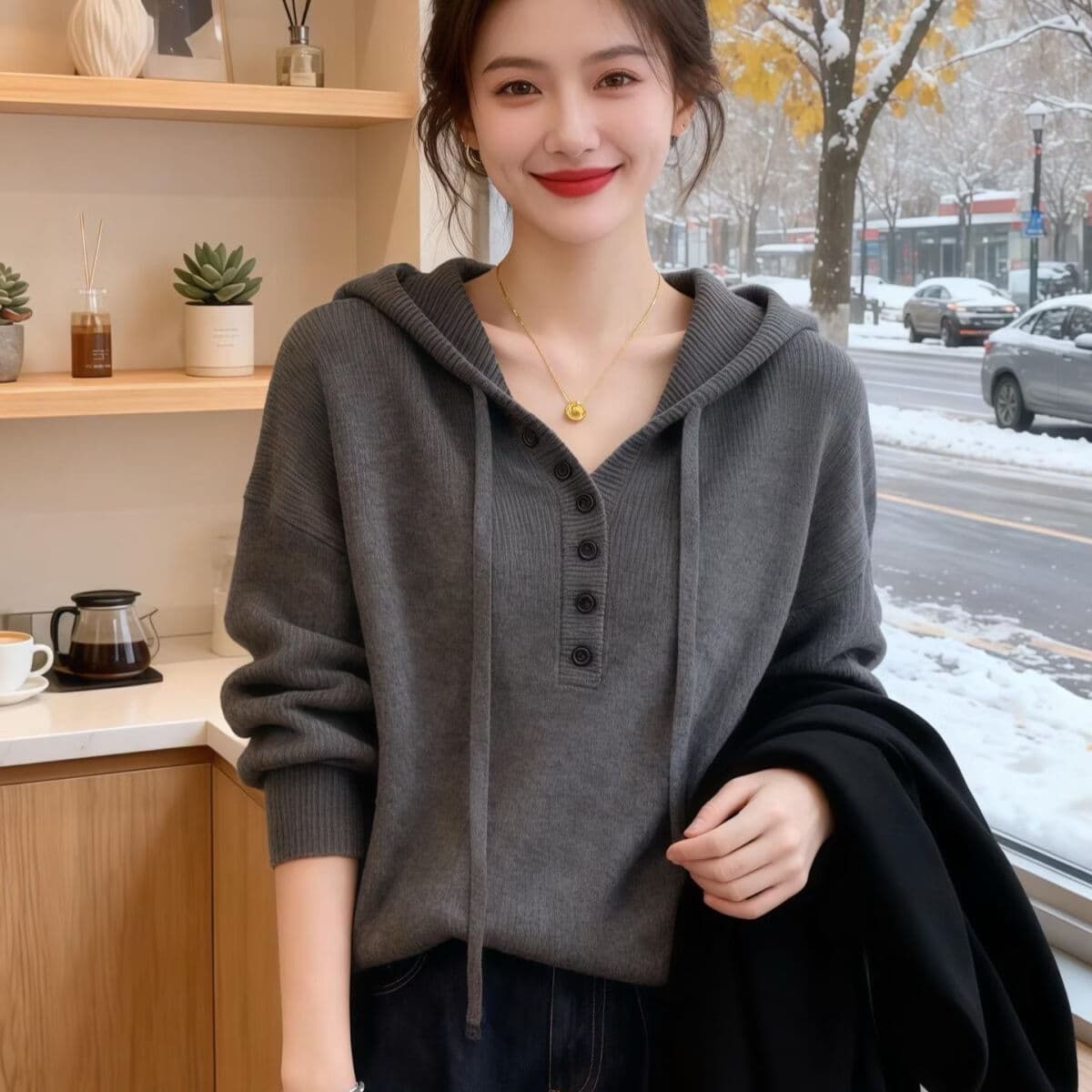 【早秋特惠】慵懒风连帽针织衫宽松显瘦气质通勤穿搭毛衣上衣女 【经典百搭】灰色 2XL 【建议125-140斤】