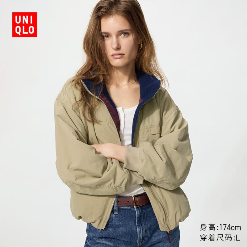 优衣库立领茄克/摇粒绒内里女装男装外套夹克487517 31 米色 M