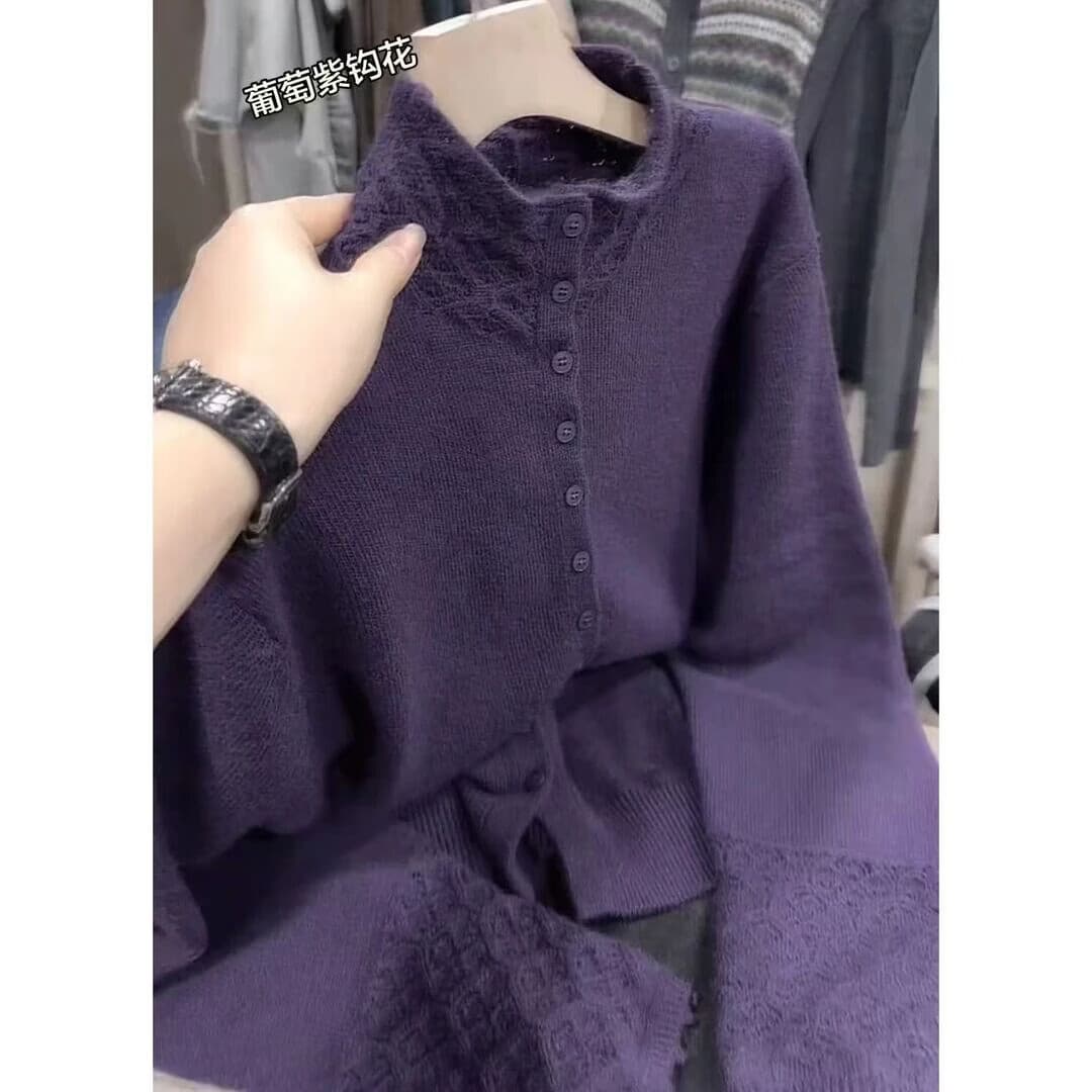 【剪标撤柜】高领羊毛衫针织开衫女秋冬加厚镂空钩花针织外套毛衣 紫色1件 L （120-145斤）