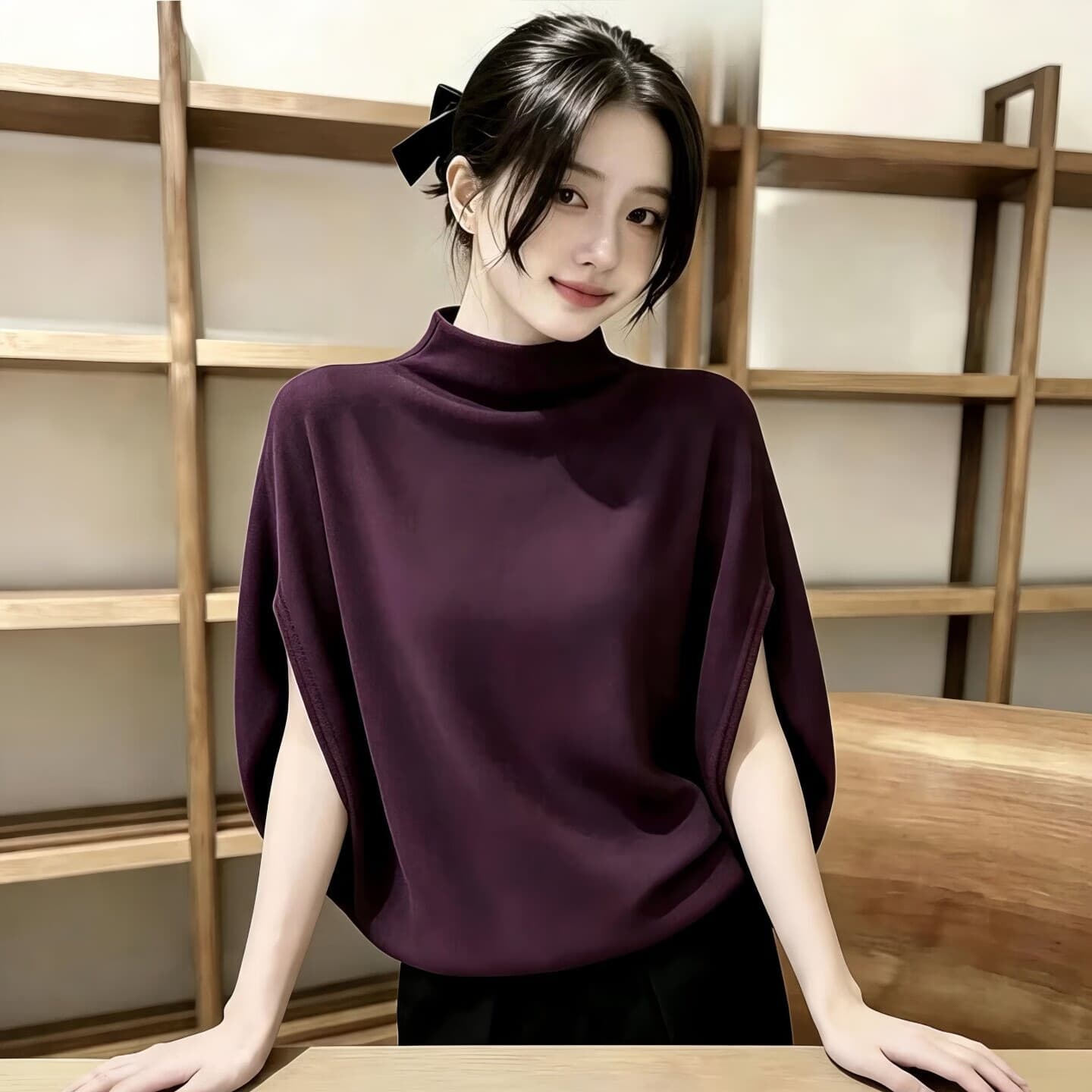 2026秋季新款半高领蝙蝠袖小衫女宽松显瘦气质高贵中袖 LFR20 紫色【限量】 L 【110-120斤】