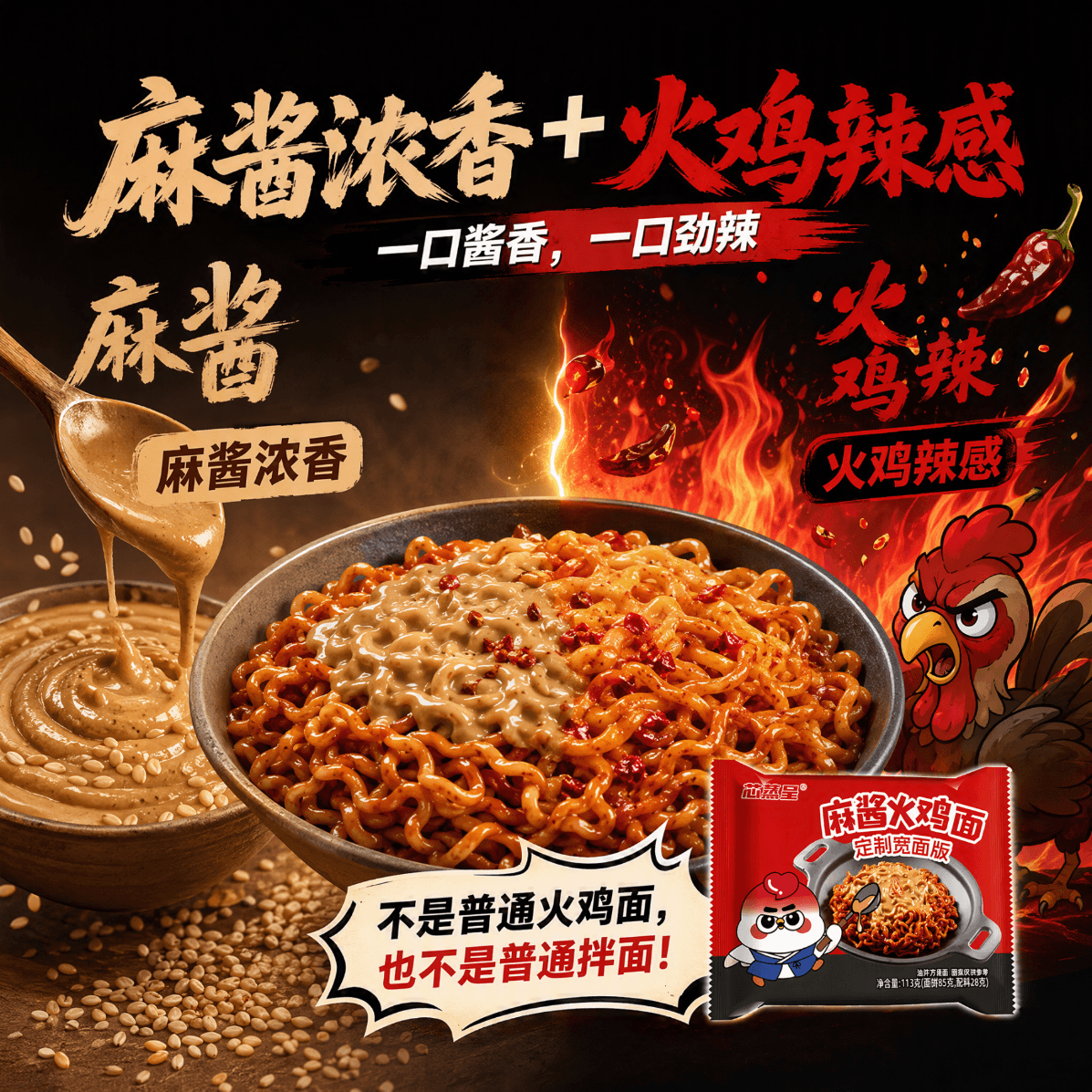 芯蒸呈火鸡面定制宽面超辣炸酱拌面泡面先生方便面Q弹速食夜宵 麻酱超辣双拼113g*12包