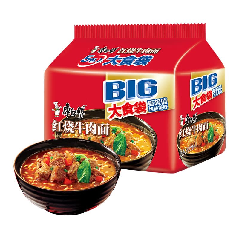 康师傅方便面 大食袋红烧牛肉面五连包138g*5 泡面袋装速食 方便食品