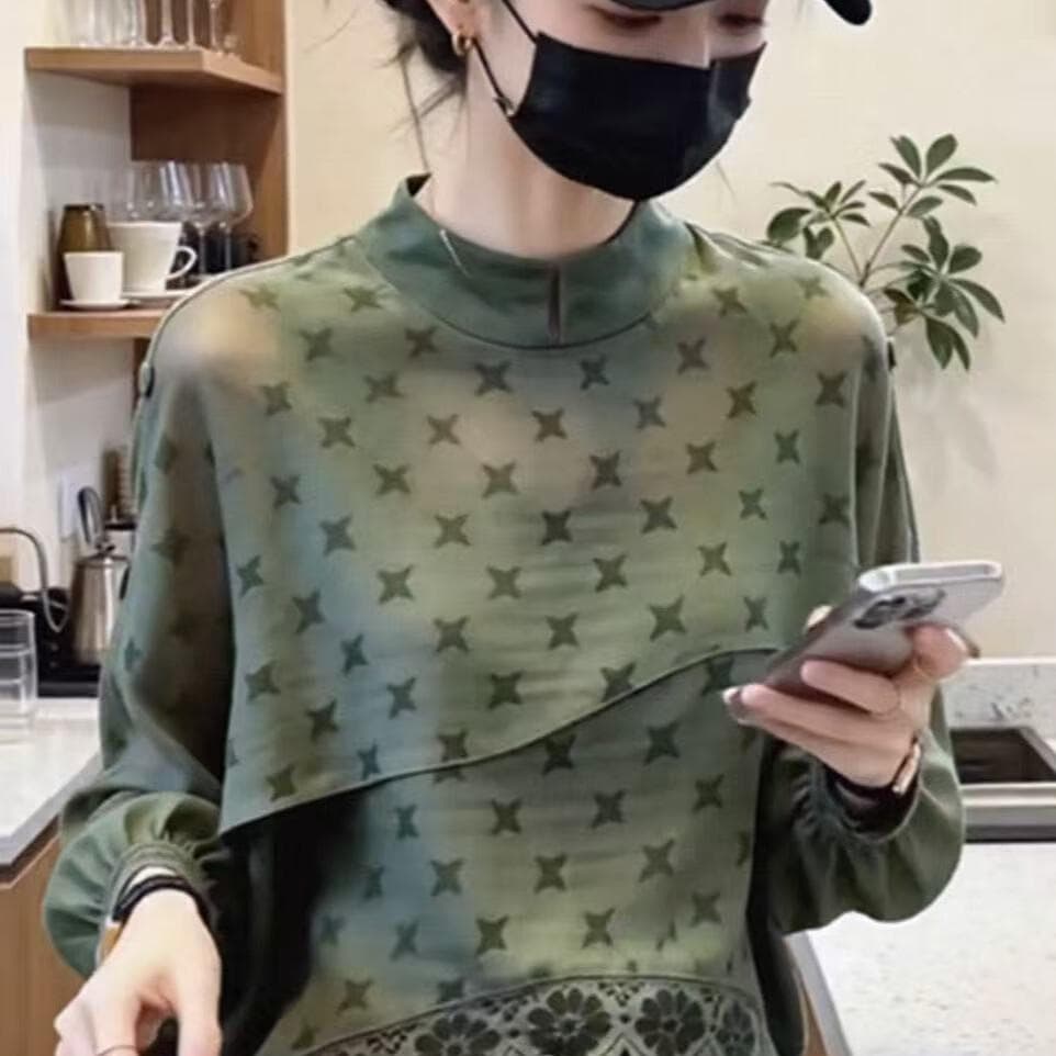 【新款上市】蕾丝拼接上衣女秋冬款不显肚子薄款打底衫长袖LTP64 绿色【升级款】 L 【80-110斤】
