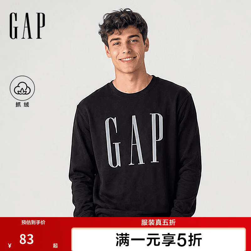 盖璞Gap男女装2026秋新品logo印花抓绒圆领宽松卫衣上衣1SS623909 黑色 L (175/96A)亚洲尺码