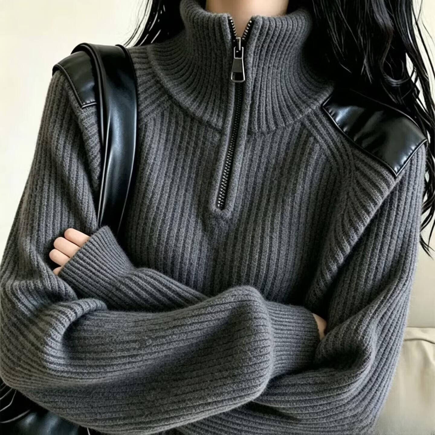 【商场同款】2026秋冬新款半高领拉链毛衣女内搭显瘦针织衫上衣 灰色 L 【120-140斤】