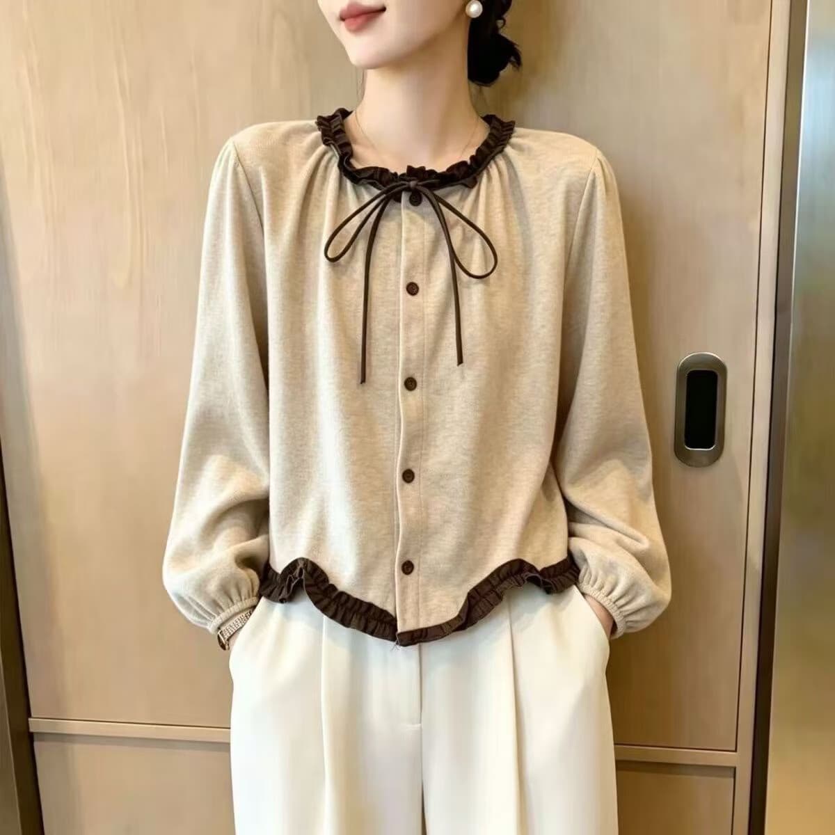【洋气减龄】法式撞色荷叶领衬衫 宽松遮肉 高级感女士衬衣LFR53 【气质耐看】燕麦色 XL 【110-120斤】