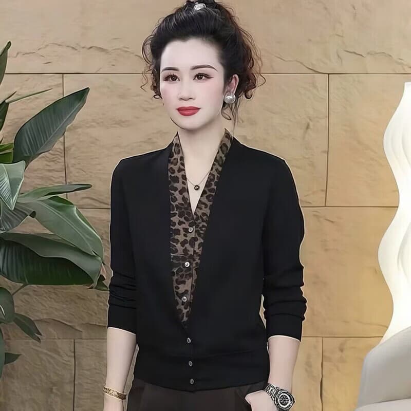 高档V领豹纹拼接假两件设计感长袖秋季新款时尚显瘦外穿百搭上衣 黑色 XL 【建议体重105-120斤】