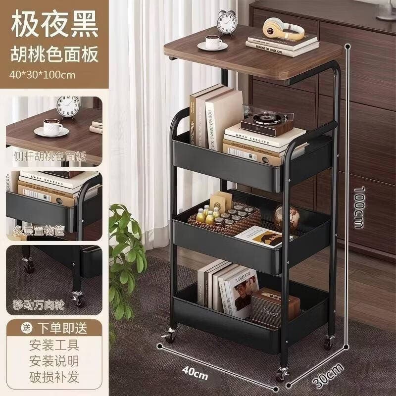 【升级款四层置物架】加厚材质 多层收纳 移动滑轮 4层胡桃板黑架铁轮 无规格