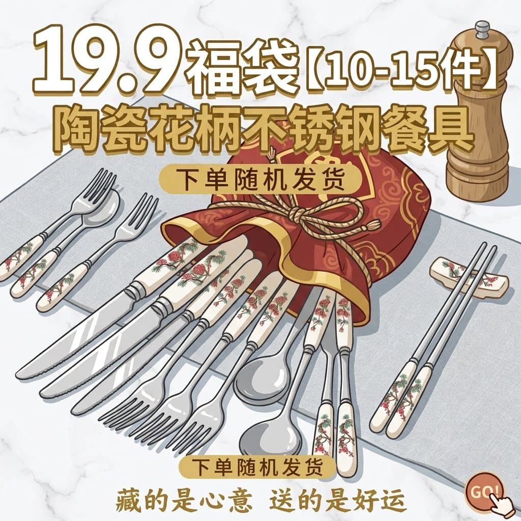 【福袋】陶瓷不锈钢餐具小勺大勺大叉筷子牛排刀黄油刀随机清仓 - 商品图1