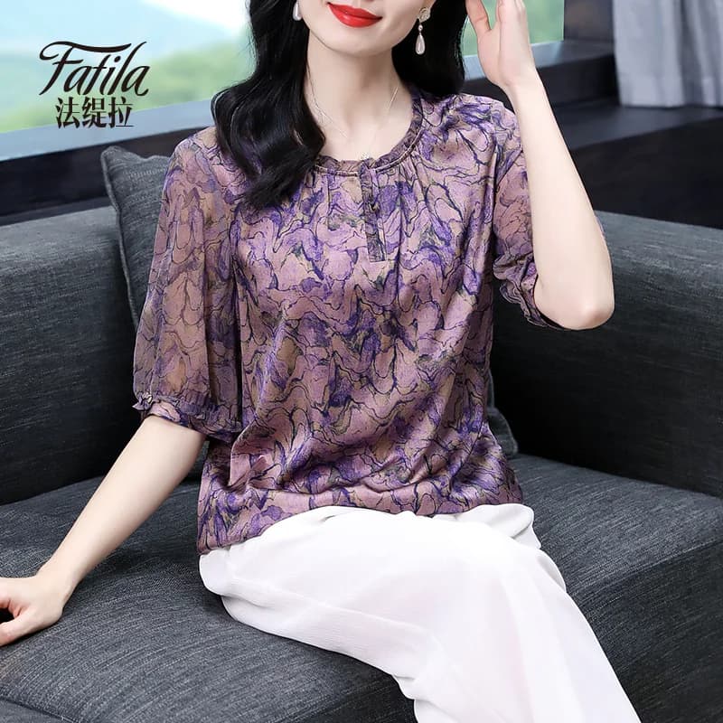 重磅真丝衬衫女短袖夏新款中老年妈妈大码小衫印花缎面桑蚕丝上衣 - 商品图1