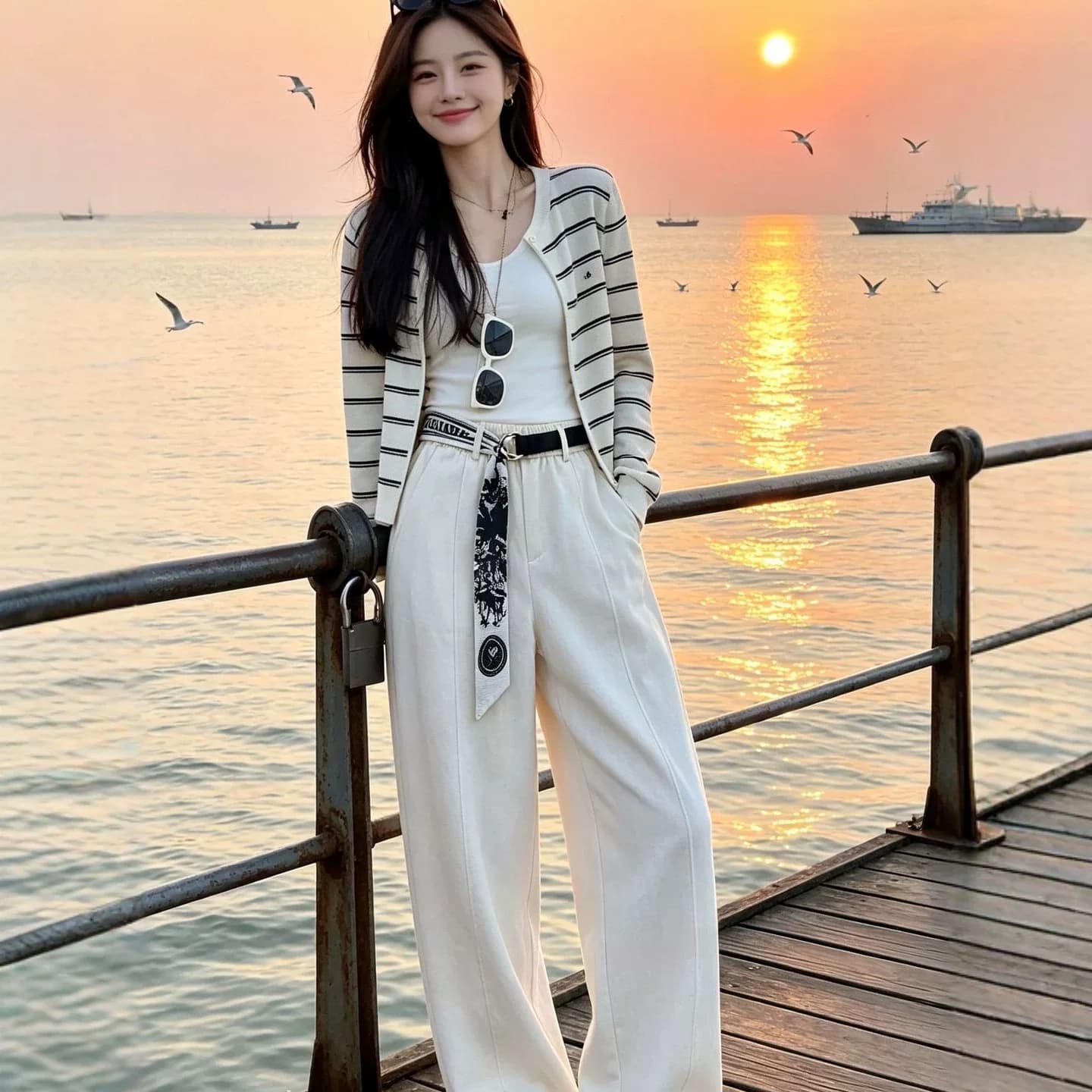 2026秋季时尚设计感宽松垂感遮肉显瘦梧桐裤带丝巾阔腿弯刀裤女 - 商品图1