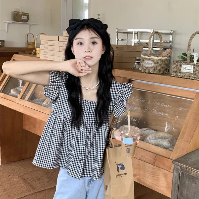 短款小衫格子法式泡泡袖露脐飞飞袖衬衫女新款夏装雪纺2026短袖q - 商品图1
