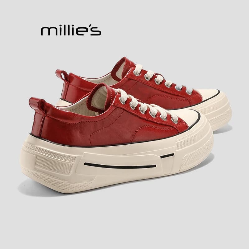 MILLIE'S/妙丽厚底板鞋真皮秋季系带增高休闲鞋舒适百搭运动女鞋Q - 商品图1
