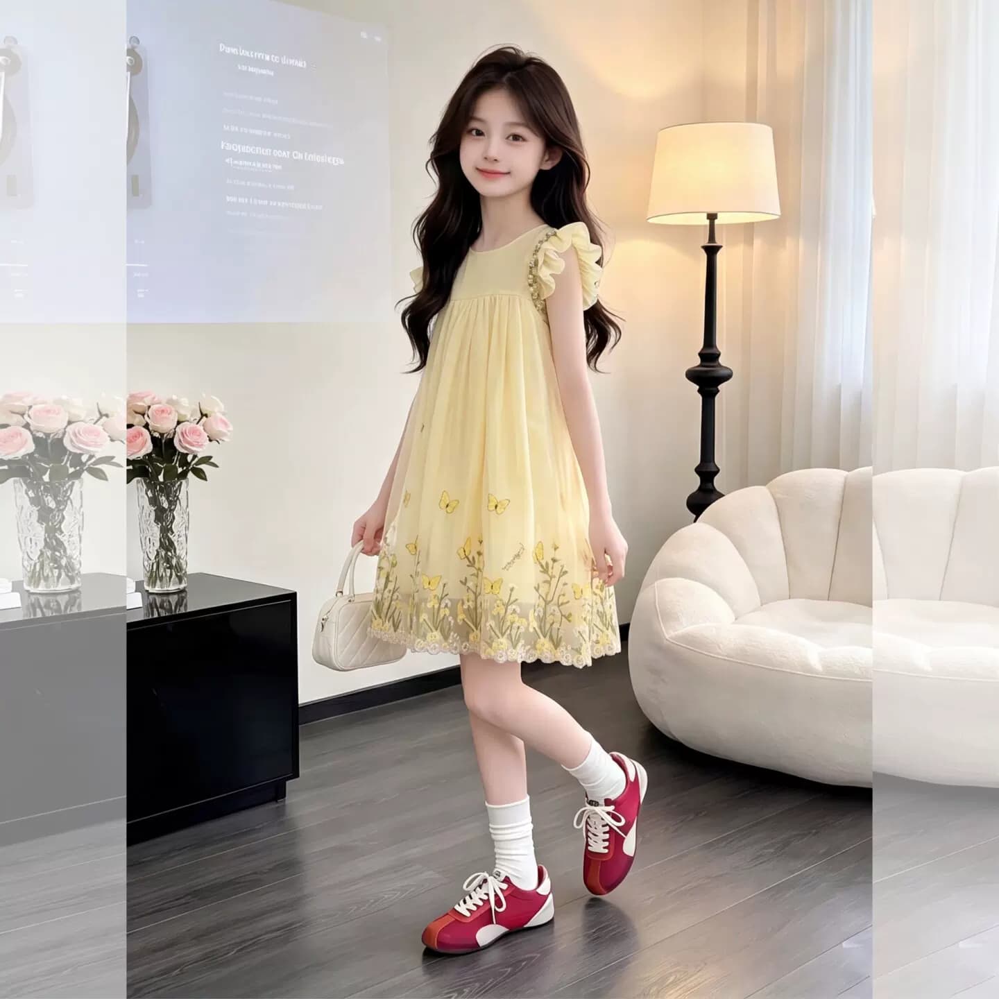 女童连衣裙夏装2026新款儿童洋气小飞袖圆领裙子夏季网纱公主裙 - 商品图1