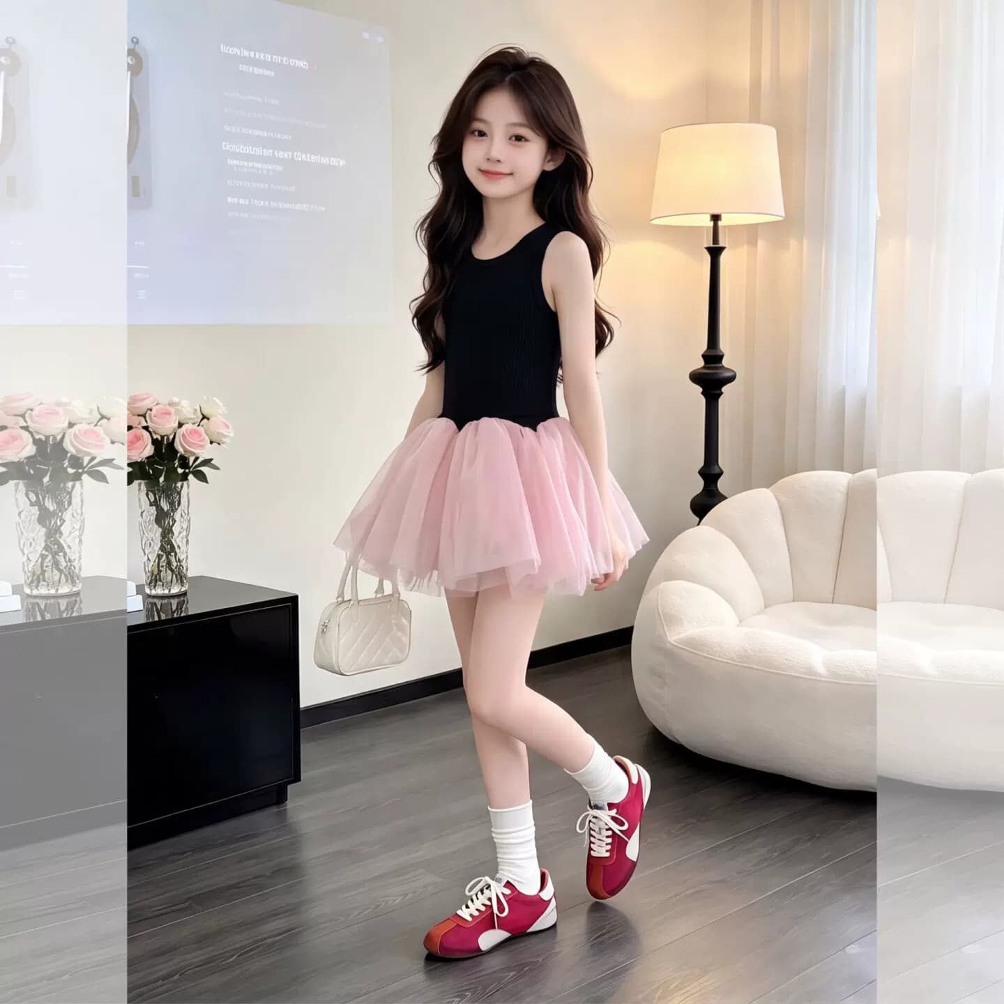 女童芭蕾背心裙夏2026女宝法式甜美设计无袖蓬蓬公主裙网纱连衣裙 - 商品图1