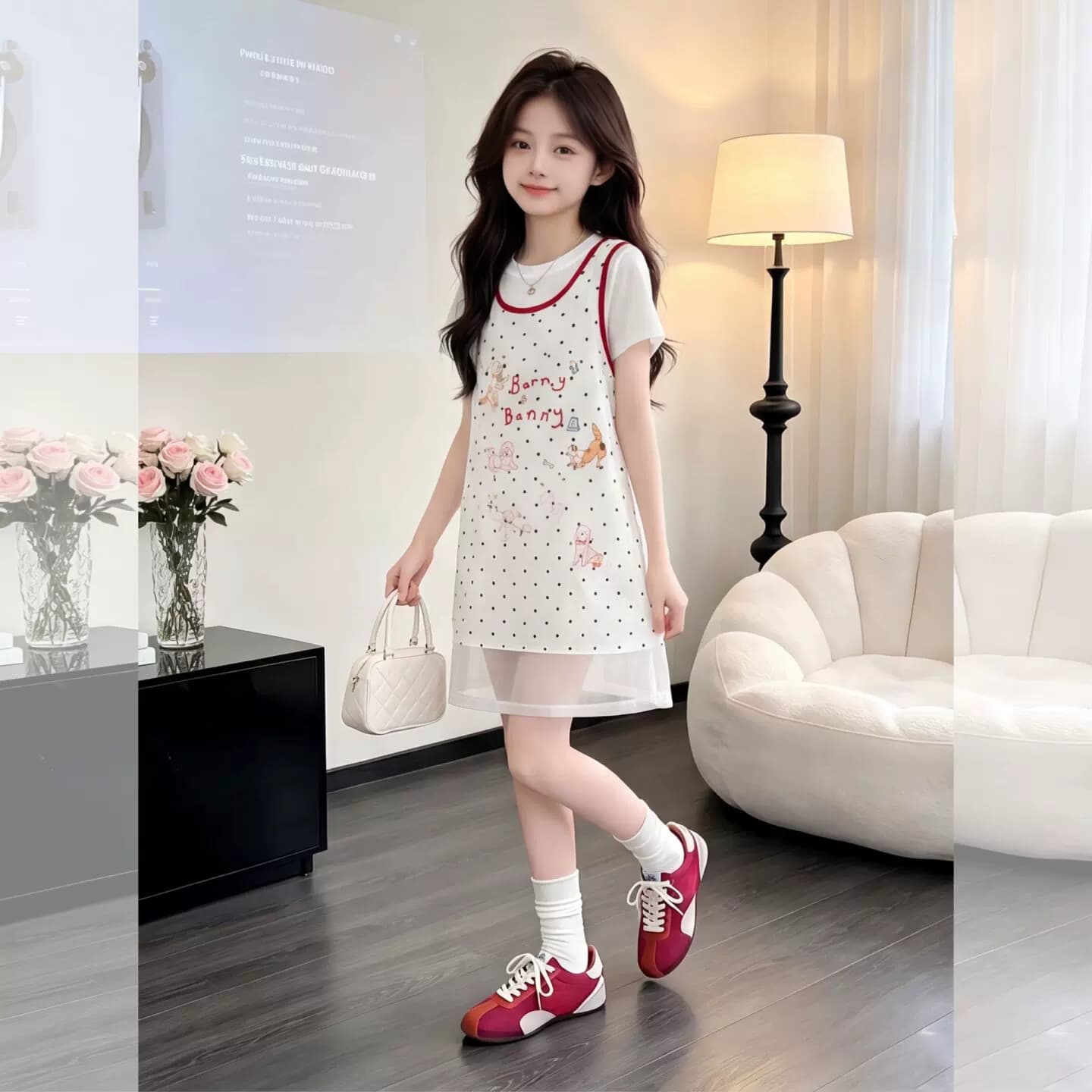 女童洋气假两件波点T恤裙2026新款女大童甜美连衣裙女孩度假风裙t - 商品图1