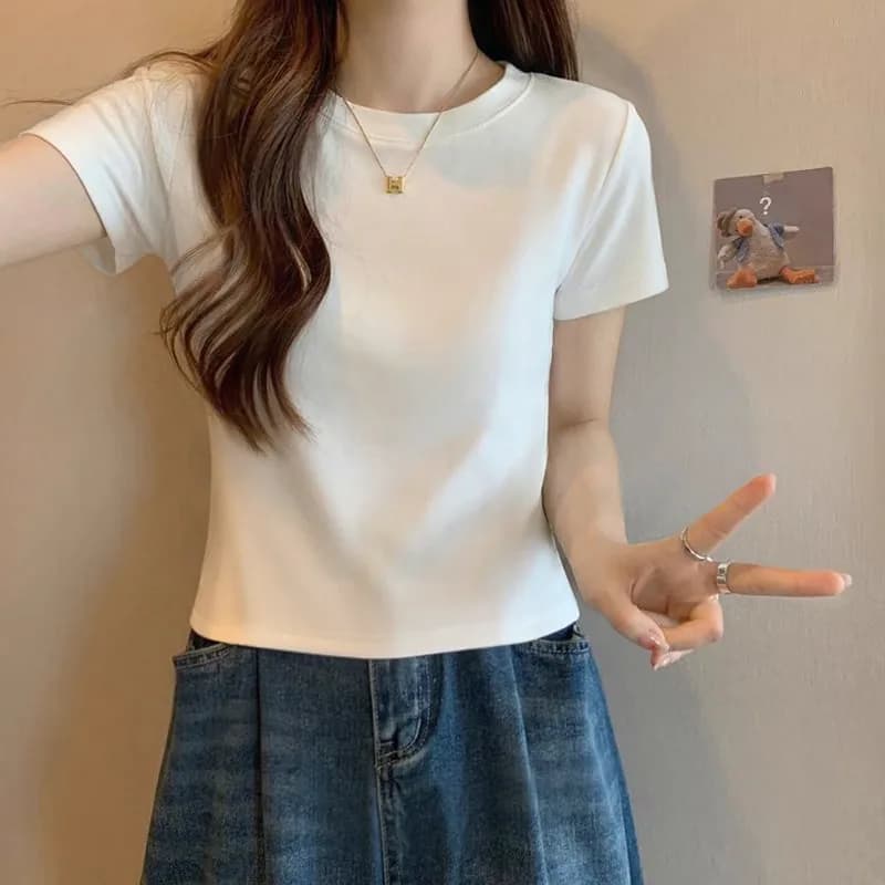 纯白色高腰显瘦棉质短袖t恤女夏季2026新款宽松时尚短款上衣ins - 商品图1
