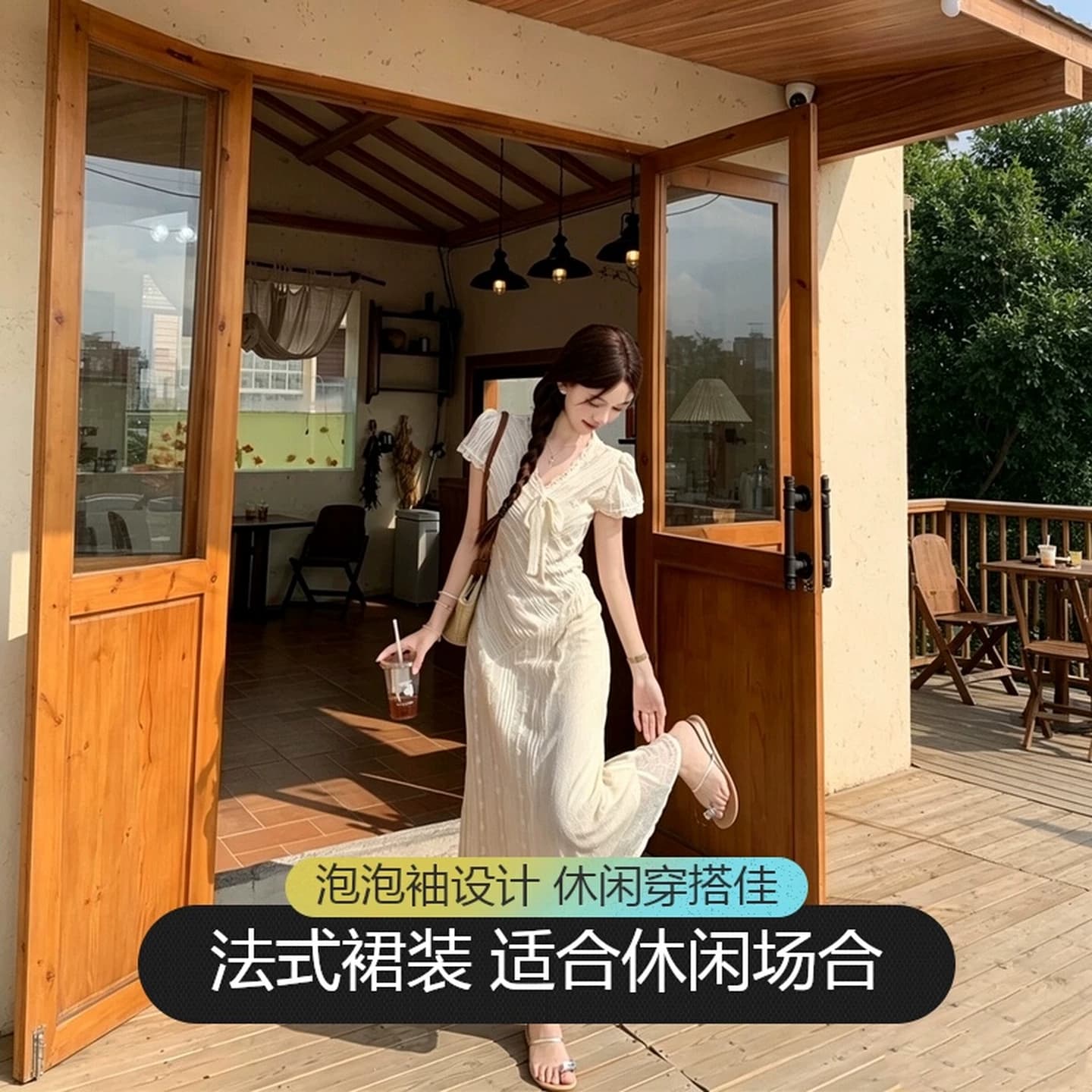 法式气质泡泡袖短袖连衣裙女夏季新款设计感时尚百搭修身显瘦长裙 - 商品图1