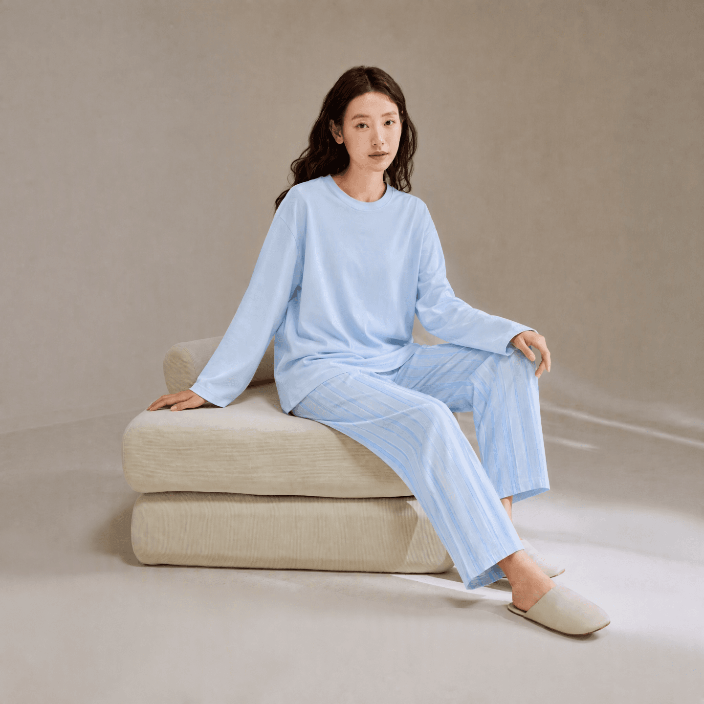 康妮雅秋季纯棉睡衣女长袖长裤家条纹居服全棉圆领宽松居家套装 - 商品图1