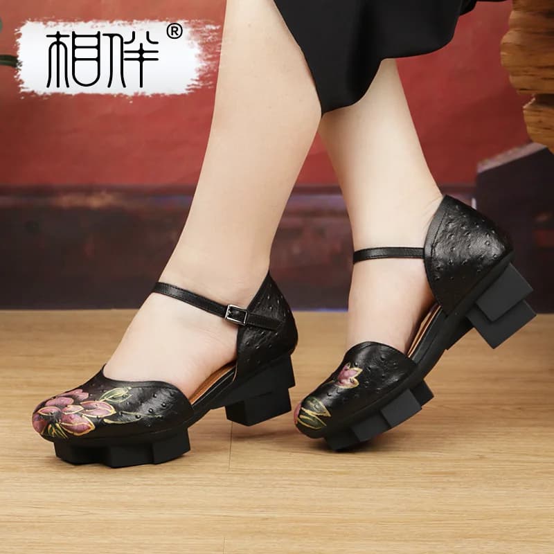 相伴真皮凉鞋夏季新款百搭羊皮高跟手绘古风复古民族风女鞋53212 - 商品图1
