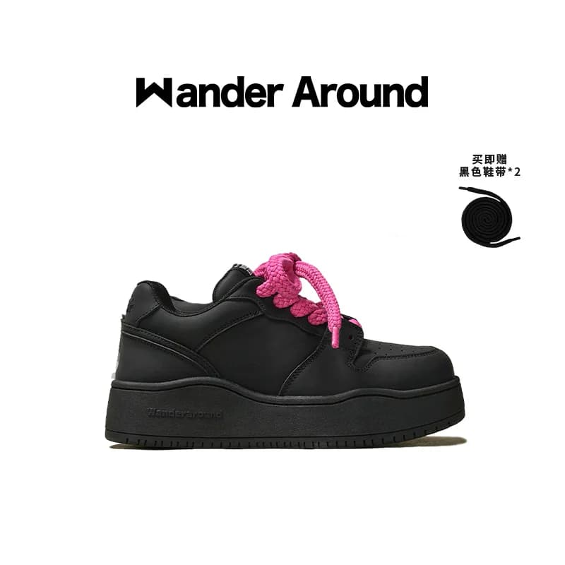 【明星同款】Wander around春秋款黑色厚底增高休闲板鞋男女同款 - 商品图1
