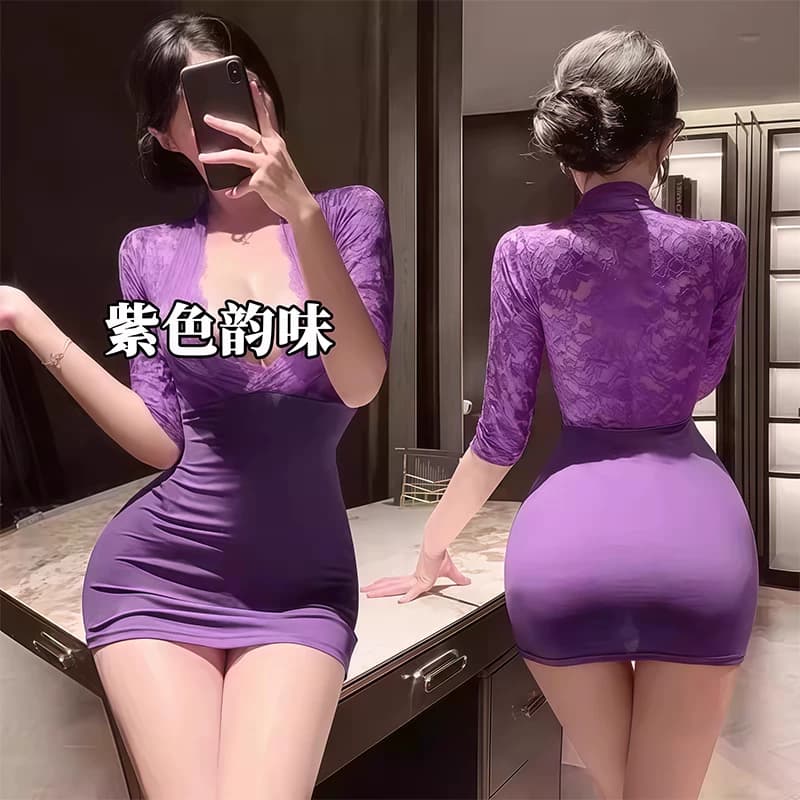 性感高开叉挂脖包臀裙蕾丝连衣裙2025新款冷艳收腰包臀开衩吊带裙 - 商品图1