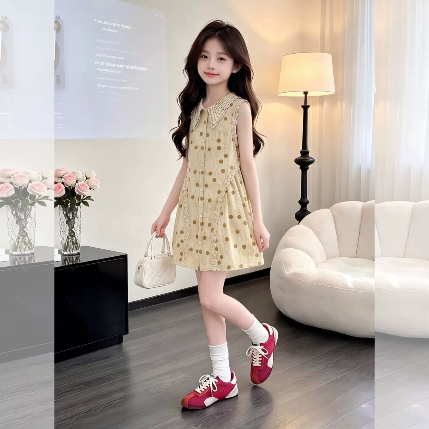 女童连衣裙夏季2026新款法式无袖波点收腰裙中大童夏装度假中长裙 - 商品图1