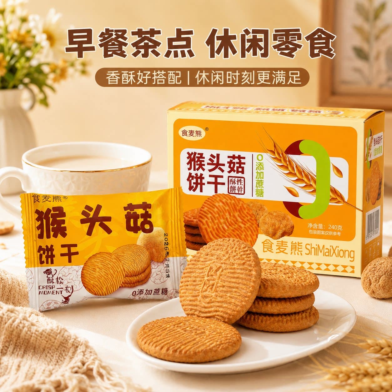 猴头菇饼干盒装240g酥脆猴菇饼干营养早餐零食休闲食品独立小包装 - 商品图1