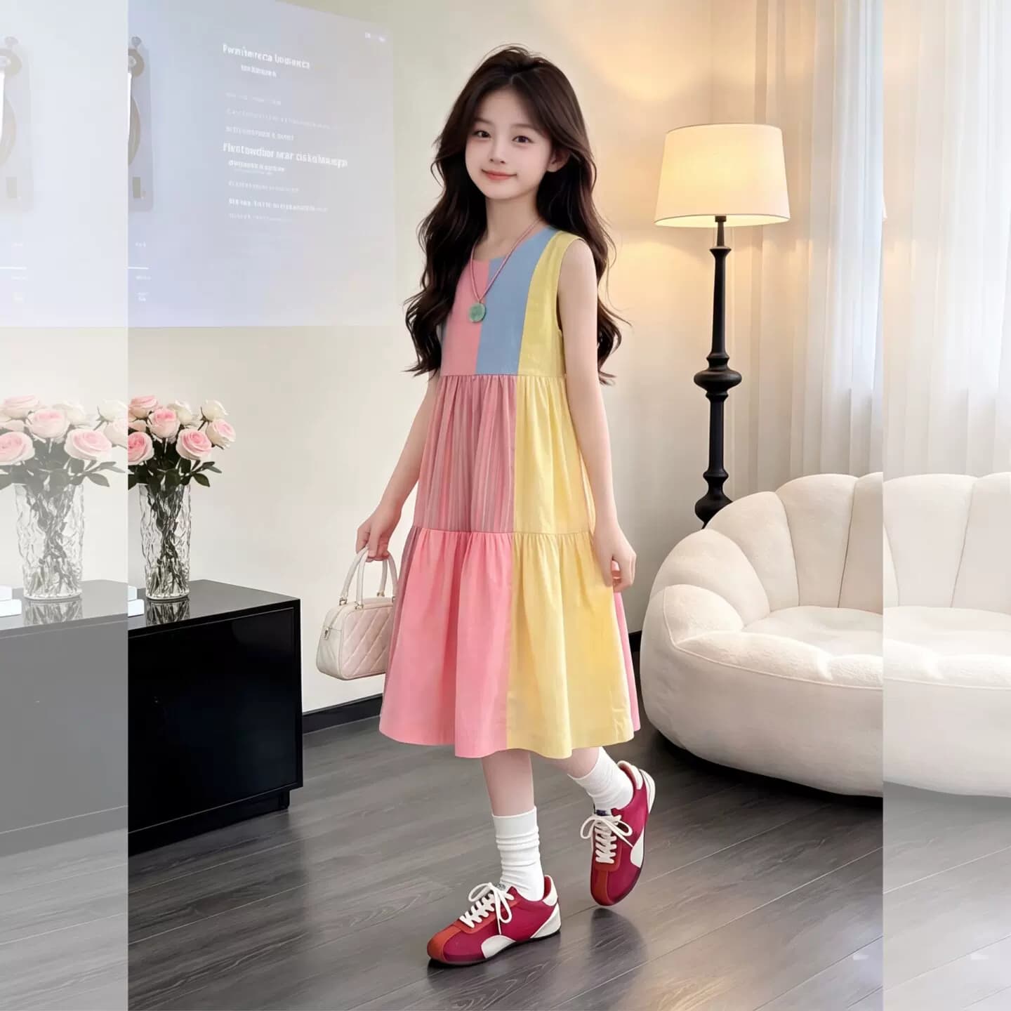 女童彩虹拼色连衣裙夏季2026新款无袖蛋糕裙儿童洋气度假风背心裙 - 商品图1