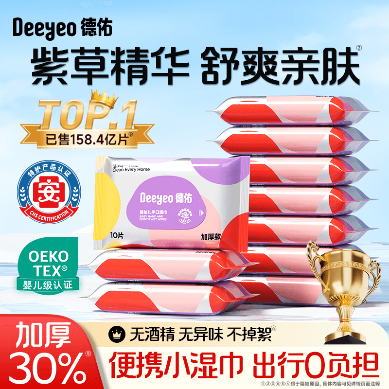 德佑婴儿湿巾小包便携小学生湿纸巾儿童幼儿园湿纸巾专用加厚款 - 商品图1