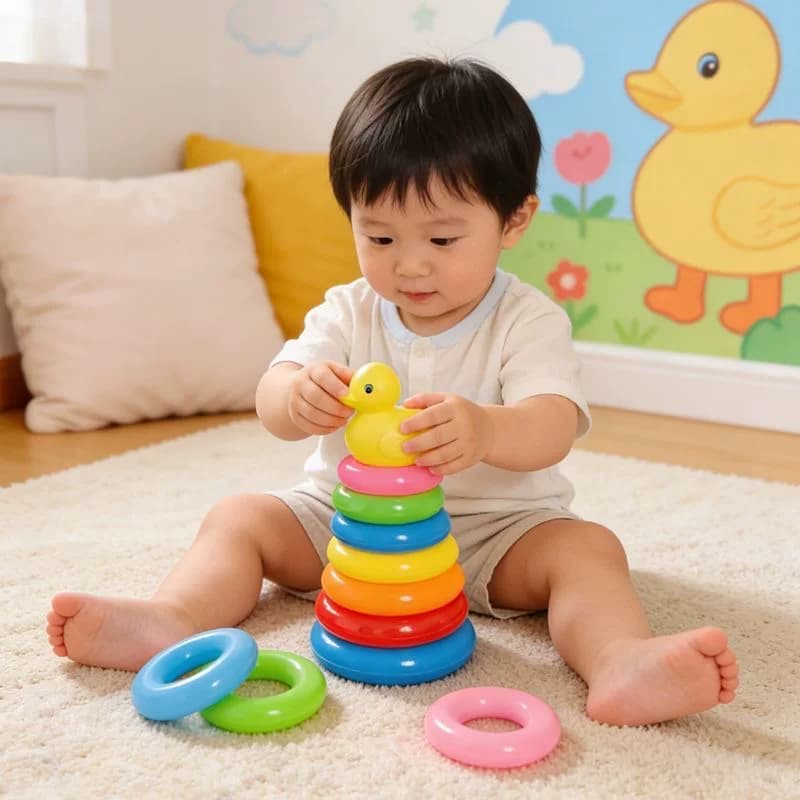 多彩圆形叠圈彩虹塔小黄鸭摆件 幼儿早教启蒙色彩识别益智玩具