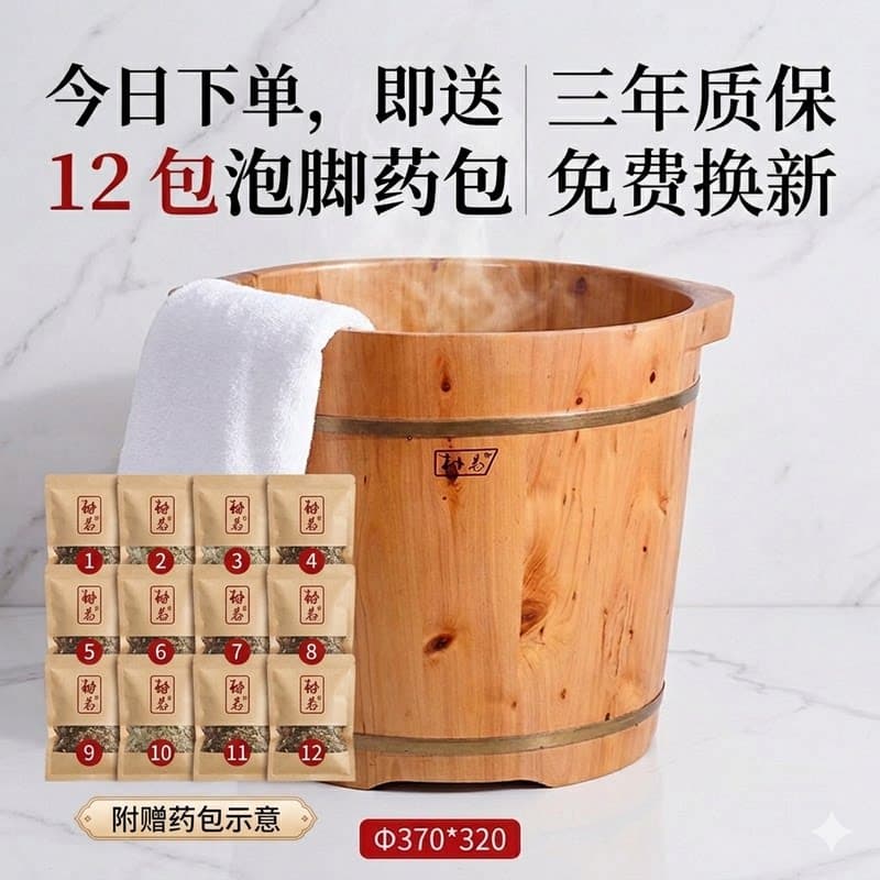 朴易加高深带盖保温按摩养生香柏木泡脚木桶实木凳子足浴凳淋浴凳 - 商品图1