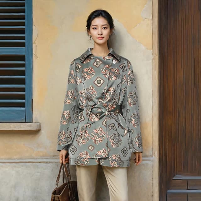 钱小萍狮狮如意宋锦布料外套真丝桑蚕丝面料风衣量身定做衣服裁缝 - 商品图1