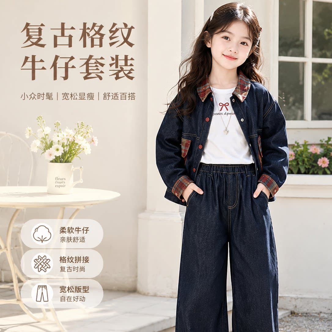 女童复古格子拼接牛仔套装2026春秋新款洋气夹克阔腿裤两件套翻领