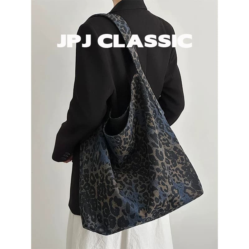jpjclassic新品牛仔布豹纹托特包大容量软包通勤包妈咪腋下包 - 商品图1