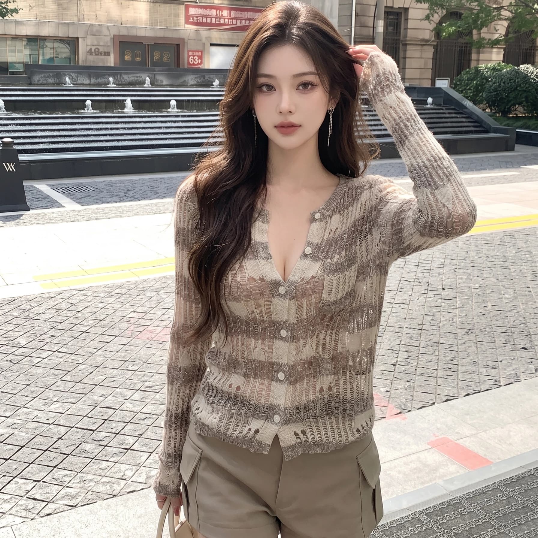 美式复古亚麻混纺撞色条纹针织开衫女秋季高级感修身显瘦微透上衣 - 商品图1