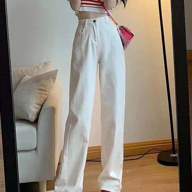 棉质成人纽扣高腰修身白色喇叭裤女休闲牛仔长裤显瘦中弹复古 - 商品图1