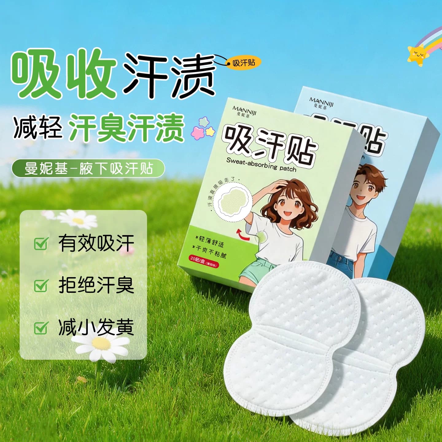 曼妮基腋下吸汗贴超薄隐形无痕止汗贴20贴装有效吸汗防汗臭 - 商品图1