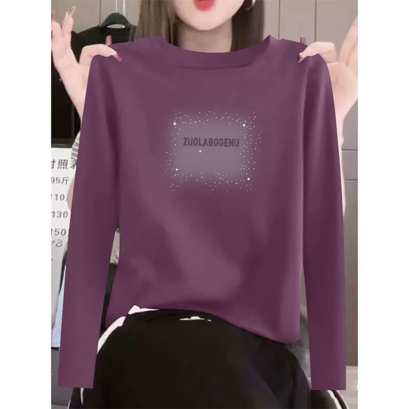 春秋100%纯棉长袖印花T恤女时尚韩版宽松遮肉显瘦圆领休闲ins上衣 - 商品图1