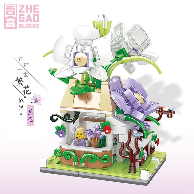 哲高 女神节礼物积木拼装玫瑰花店街景小颗粒鲜花小店玩具送女友女孩 00300-兰花街景-375PCS - 商品图1