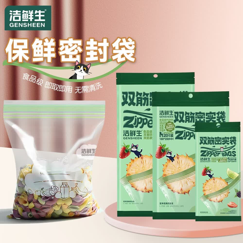 洁鲜生 密封袋食品级双筋收纳袋自封防水保鲜加厚辅食封口袋户外餐具 超值组合大中小各1包共55只 - 商品图1