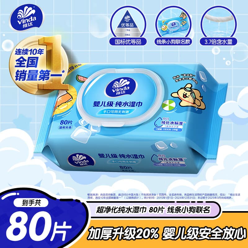 维达(Vinda)超净化纯水湿巾80片*单包 线条小狗联名湿纸巾 学生出行 - 商品图1