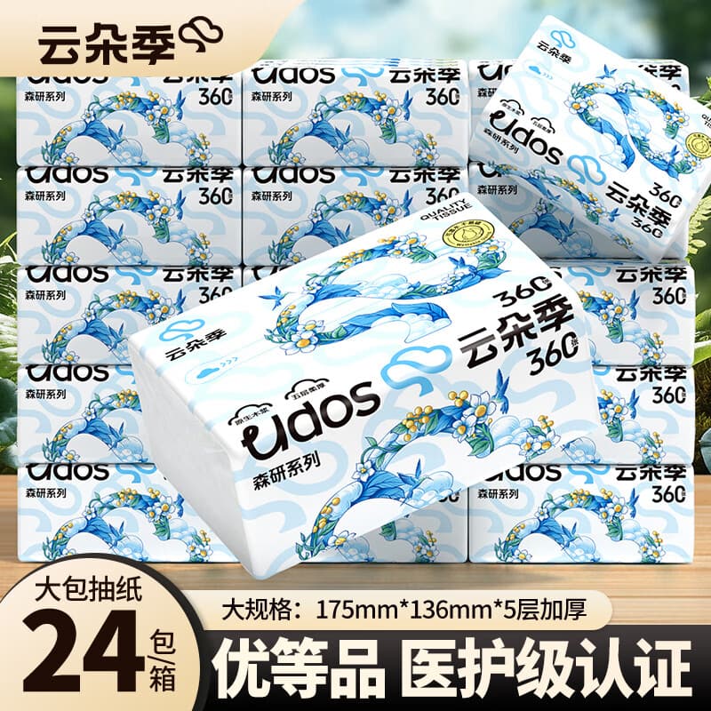 云朵季医护级抽纸纸巾餐巾纸M码加厚面巾纸可湿水优等品卫生纸 5层 360张*24包 - 商品图1