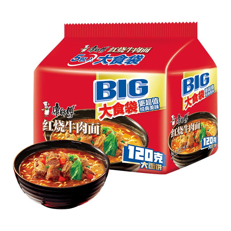 康师傅 方便面 大食袋红烧牛肉面五连包145g*5 泡面袋装速食 方便食品 - 商品图1