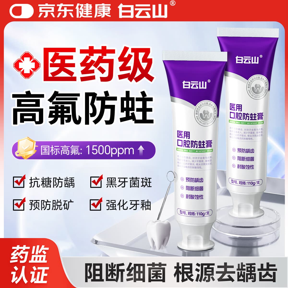 白云山医用口腔防蛀膏110g/支含氟抗敏成人专用抗蛀牙治龋齿去菌斑牙膏状抑菌除口臭去口气牙洞修复青少年补牙 - 商品图1