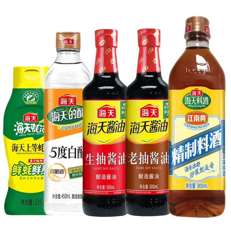 海天酱油生抽500ml+老抽500ml+料酒800ml+上等蚝油235g+白醋450ml调味 基础调味五件套 - 商品图1
