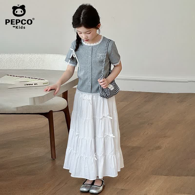 小猪班纳(PEPCO)女童短袖半身裙套装2026新款儿童夏装T恤女孩蛋糕裙长裙两件套 1080-花灰上衣蛋糕裙套装 170 身高160-170cm - 商品图1